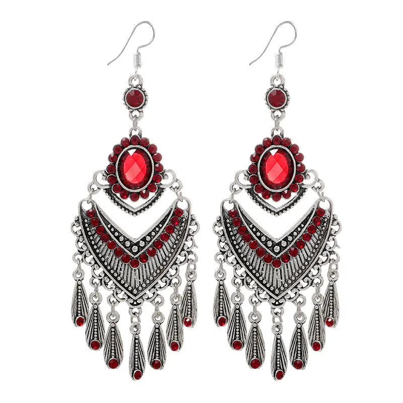 Purple long fringe drop earrings with crystal detailing and retro ethnic style
