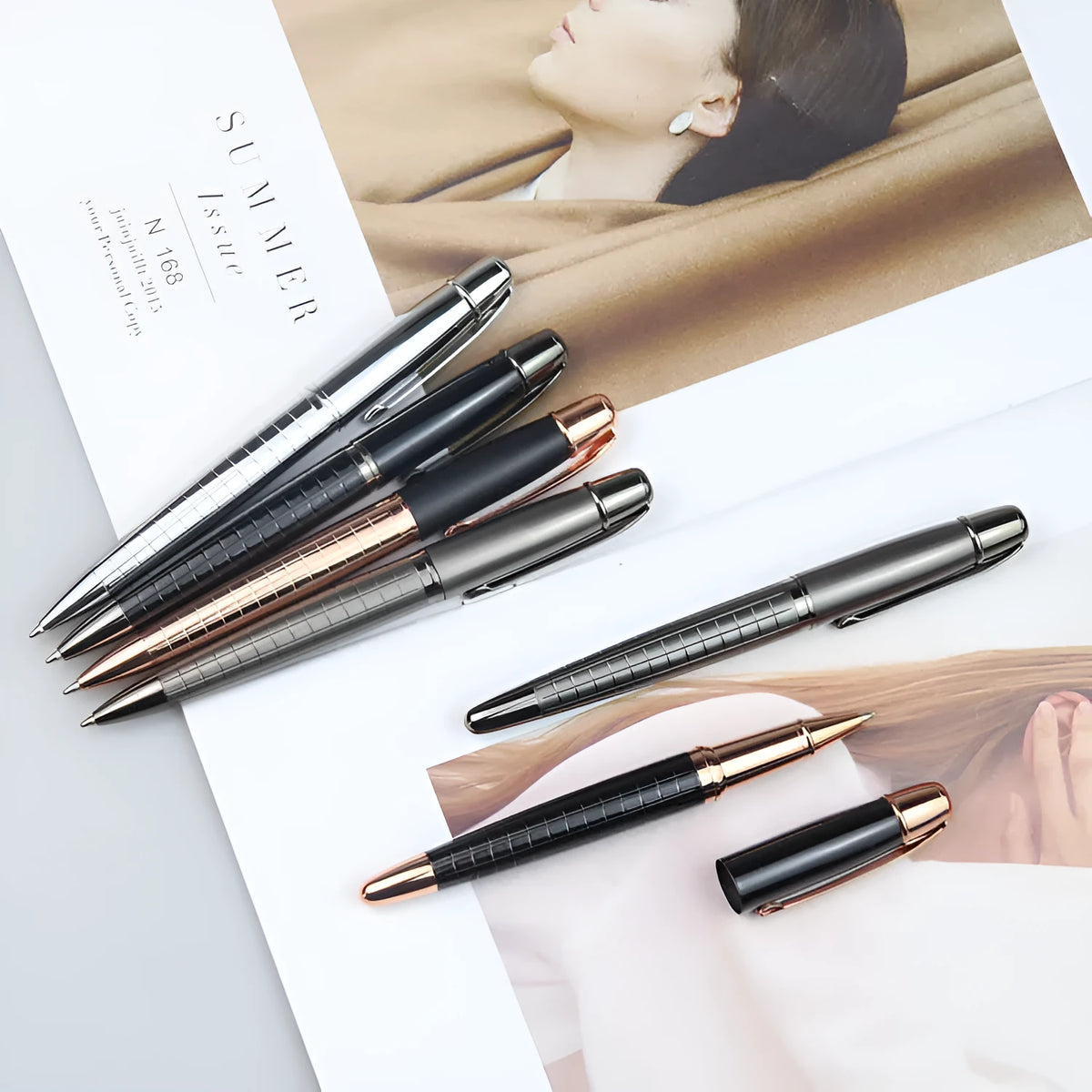 Gun grey metal roller pen showing 13.5cm length and 1.3cm diameter with black or blue ink options