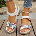 White women's high heel casual sandals with a visible Velcro strap buckle on the instep.