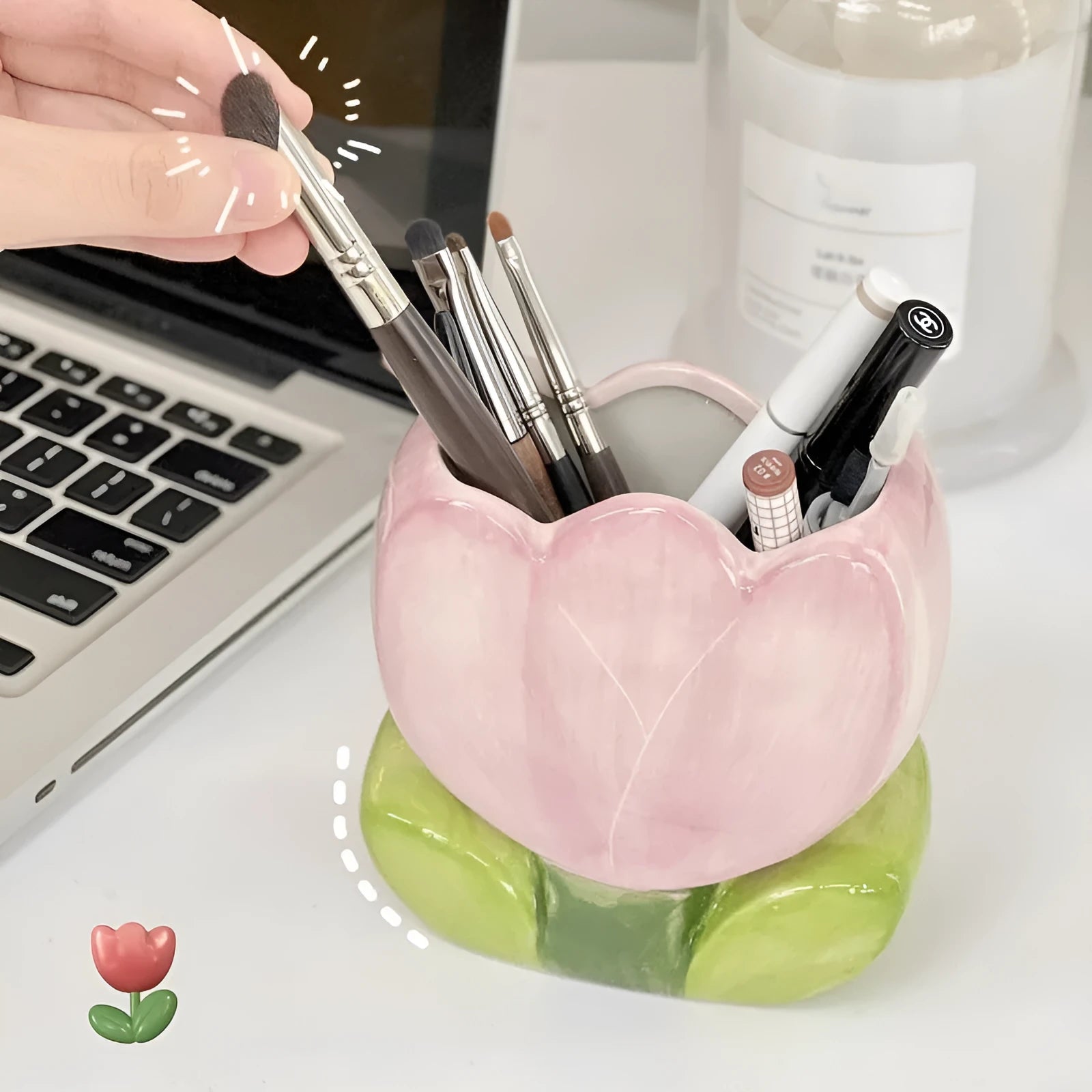 Ceramic desktop pen holder with floral pattern storage box for desk organisation