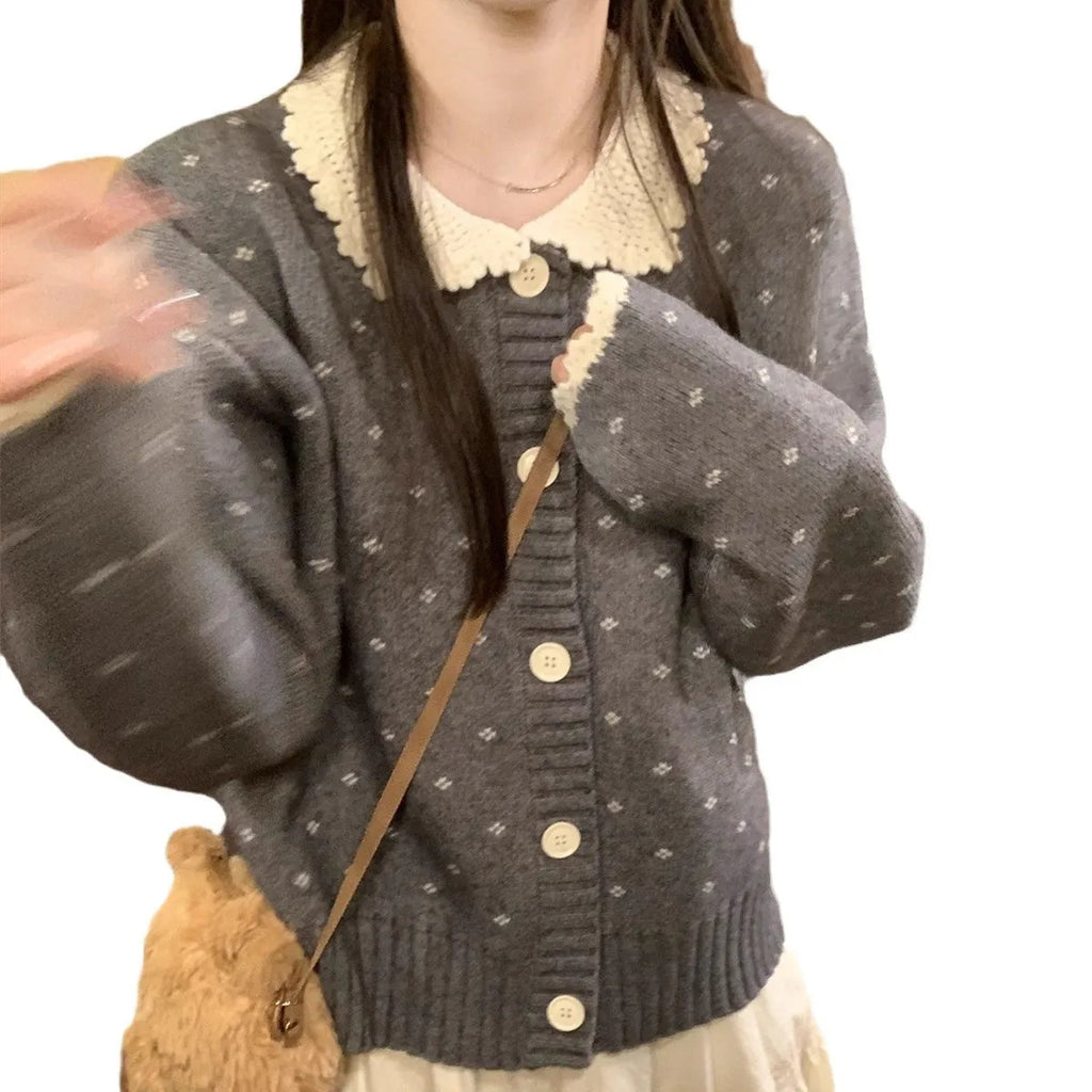 Retro Peter Pan collar floral pattern knitted cardigan coat in poly-cashmere fabric