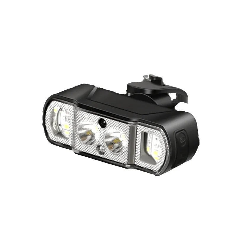 Black bicycle headlight with 350 lumen LED, rechargeable battery, and wave induction controls