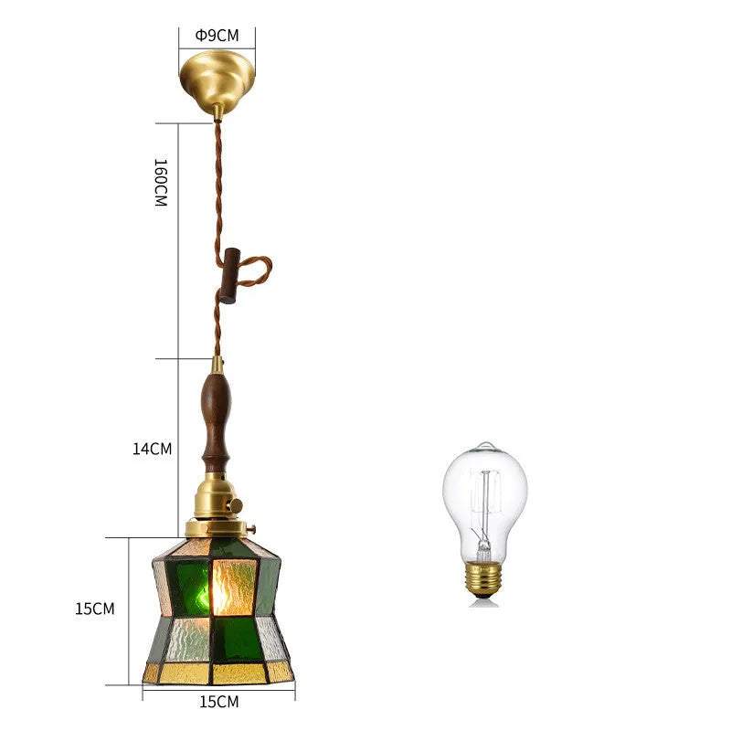 Japanese retro brass and glass ceiling chandelier with walnut wood and long hemp rope pendant cord.