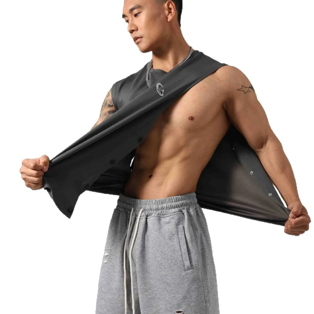 Men's Korean style loose cotton fitness vest with hidden hook fastening on sides
