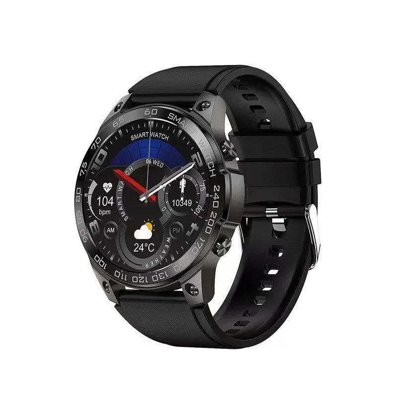 Bluetooth call sports watch with round AMOLED display on a silicone strap, showing health metrics.