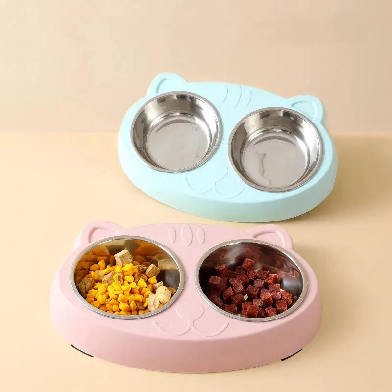 Blue plastic double bowl pet feeder with adjustable divider for cat and dog food and water