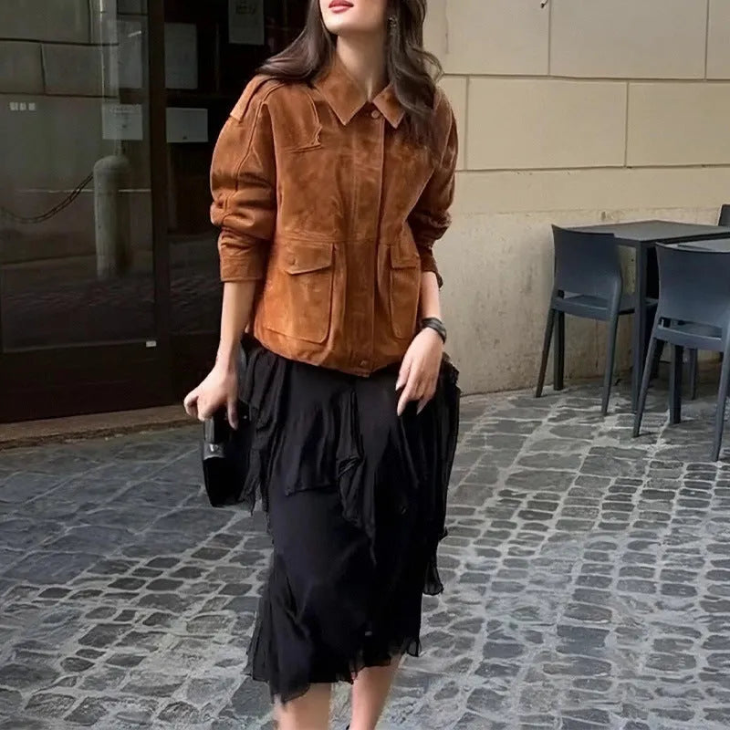 Women's brown suede coat with regular sleeves in street chic style, polyester fabric