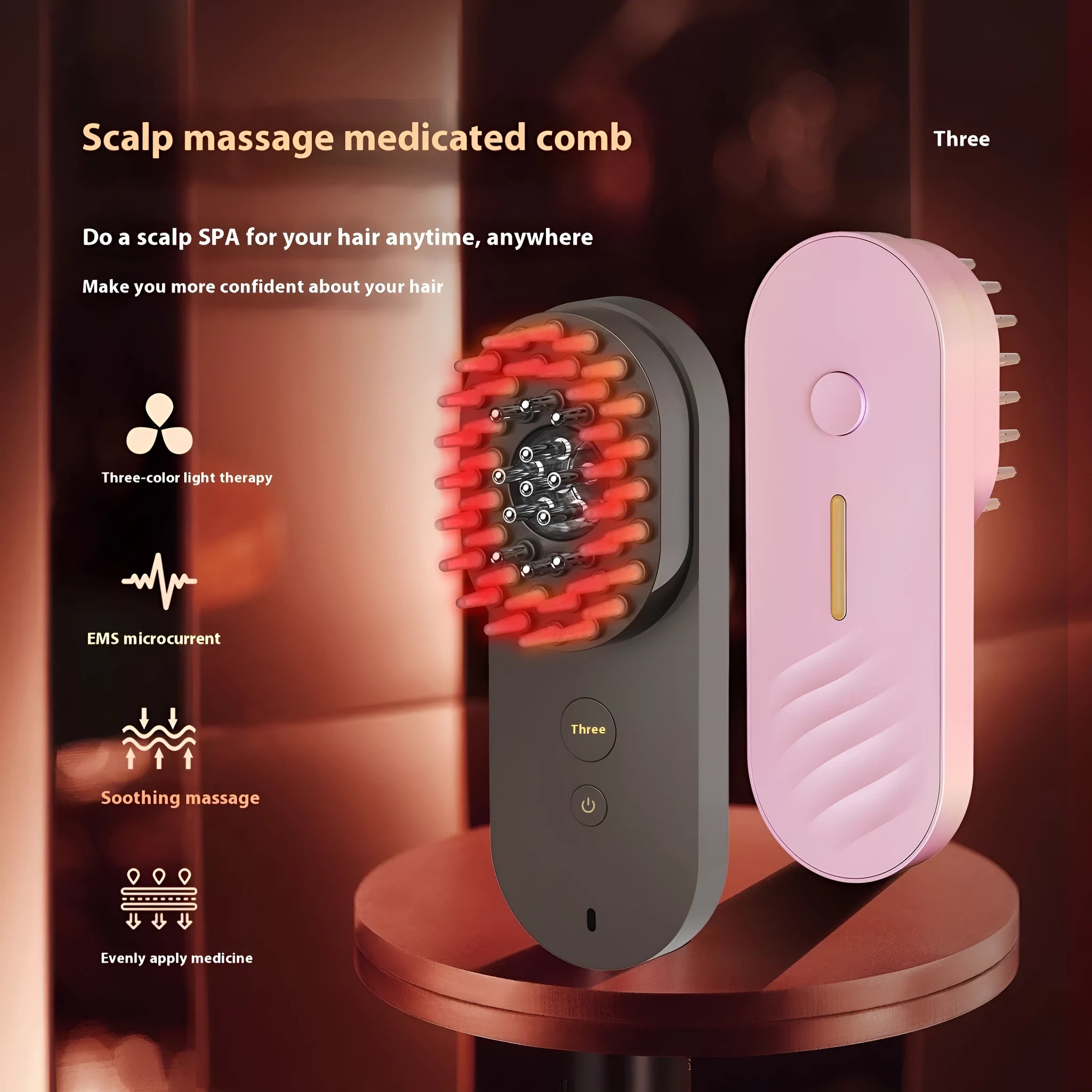 Smart massage comb with red light therapy in pink or black, measuring under 10cm