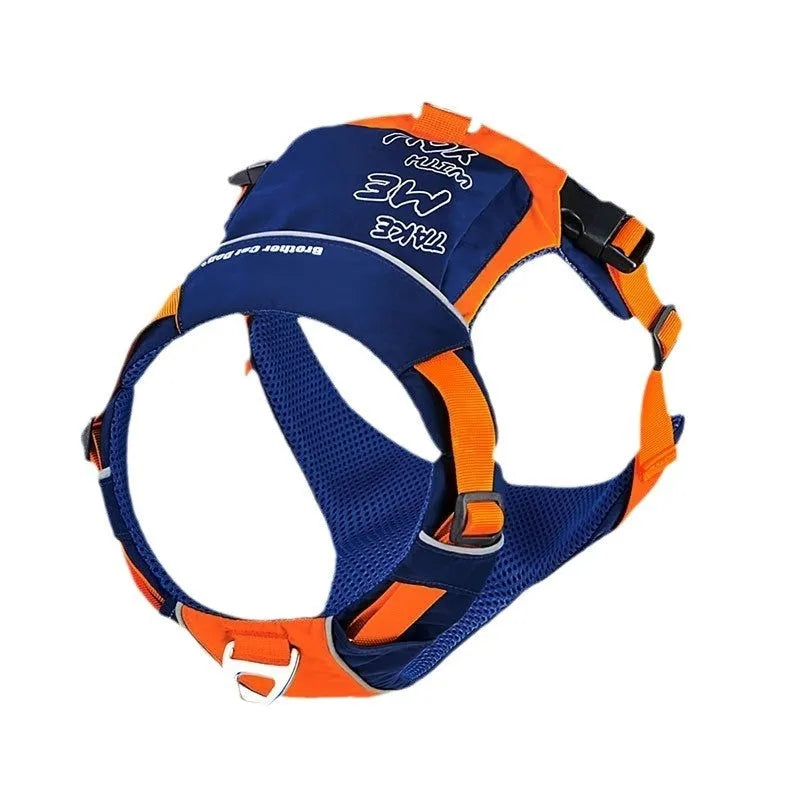 Orange blue nylon dog chest strap vest harness shown from the side on a dog.