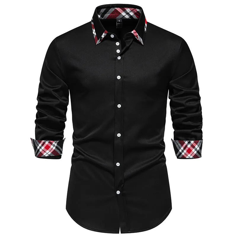 Men's long sleeve casual shirt with triangle collar and plaid pattern in polyester blend fabric
