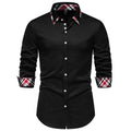 Men's long sleeve casual shirt with triangle collar and plaid pattern in polyester blend fabric