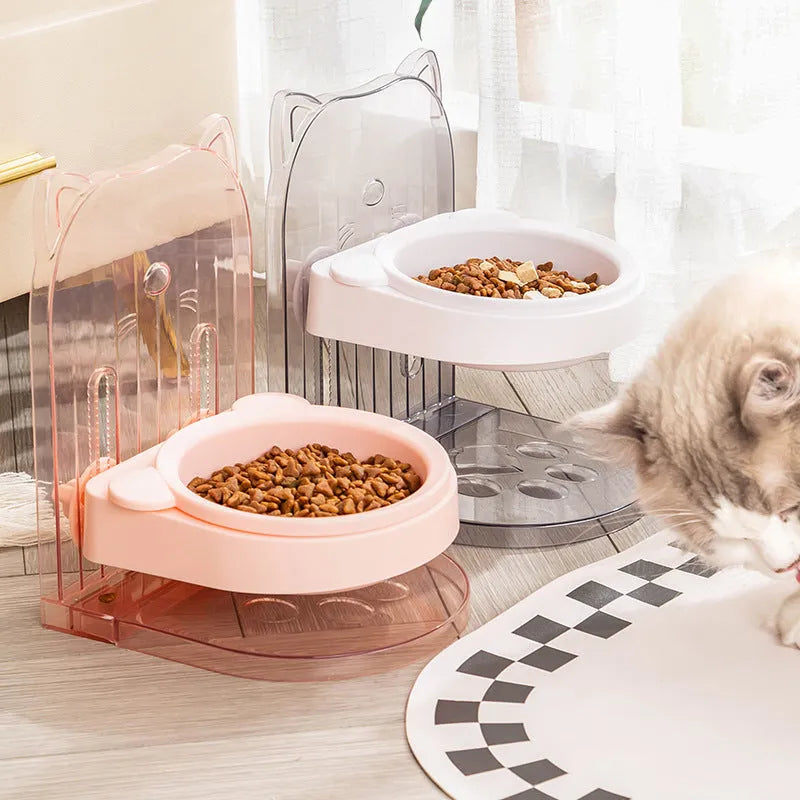 Grey or pink cat ear pet feeding bowl with anti-spill rim and adjustable height mechanism