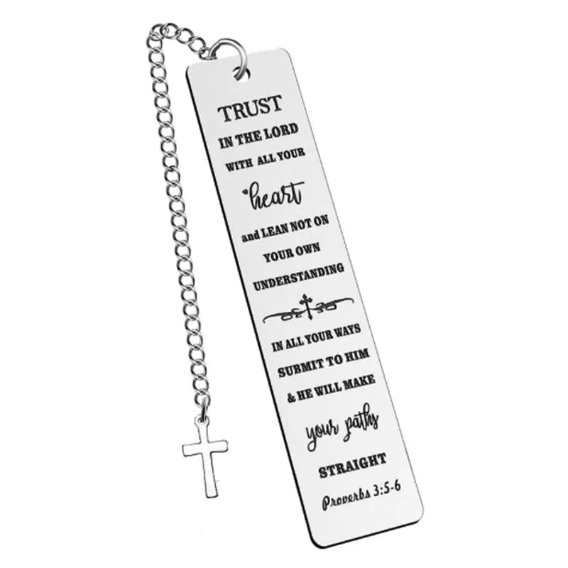 Stainless steel bookmark with etched Bible verse in a steel colour finish