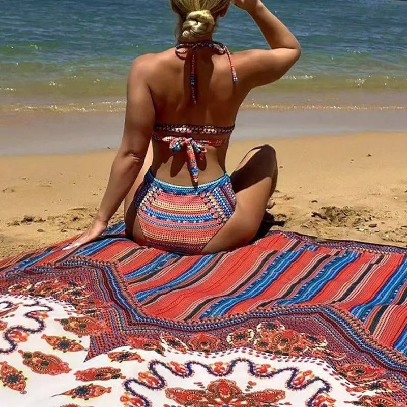 Women's three-piece swimsuit set with high-waisted briefs, cutout sleeveless top, and cover-up coat