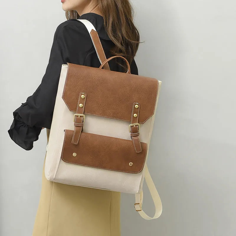 Korean style retro simple backpack in soft PU leather, shown in one of four colour options.