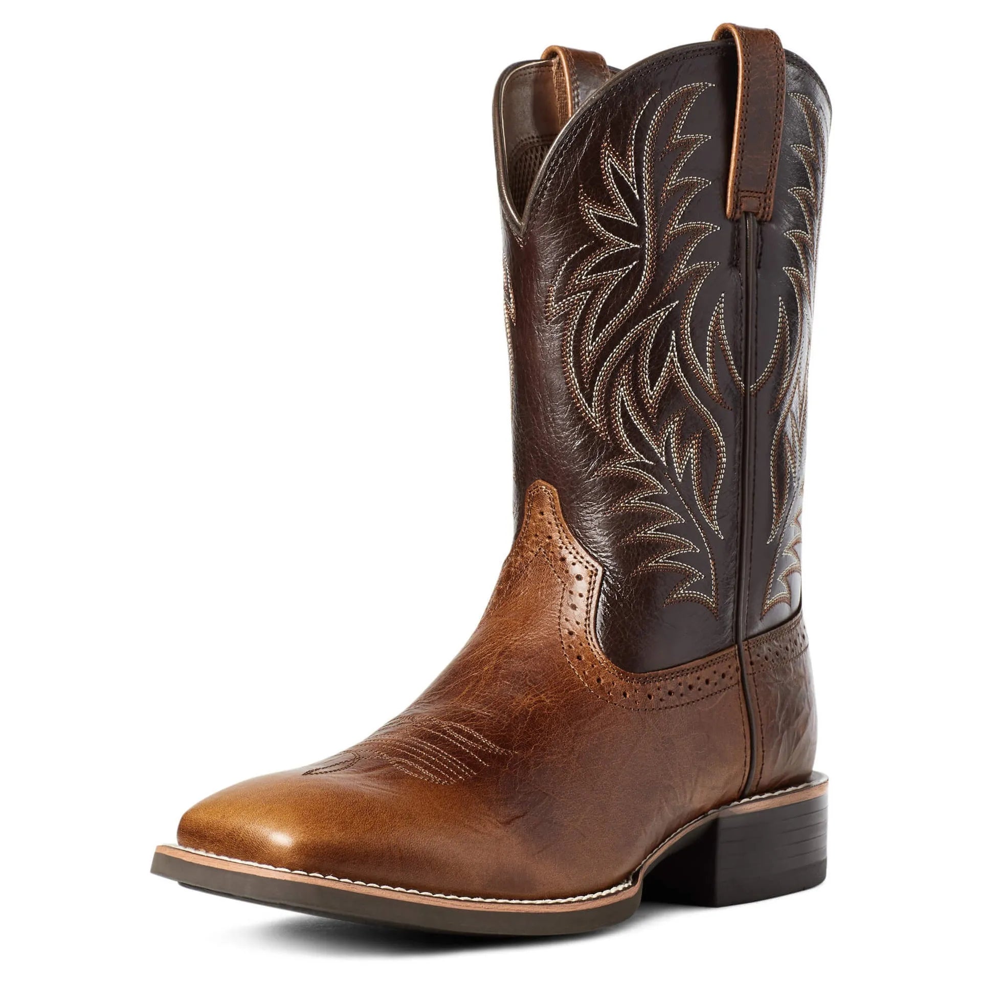 Men's black Western cowboy boots with decorative embroidery stitching, wide square toe, and a high shaft.