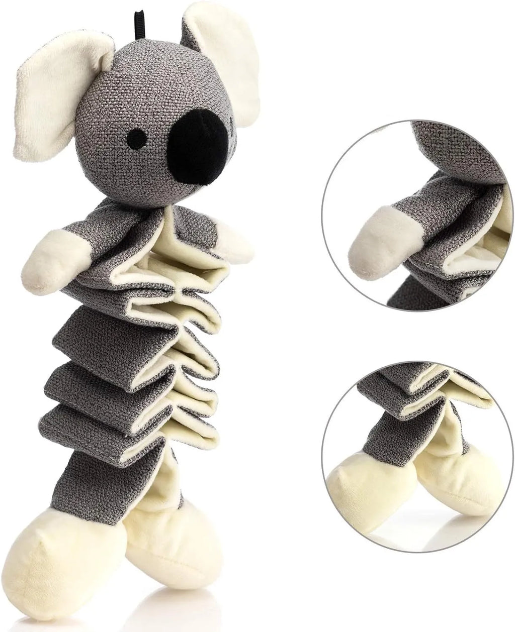 Grey koala dog toy with squeaky and crinkle paper sounds, measuring 30cm long