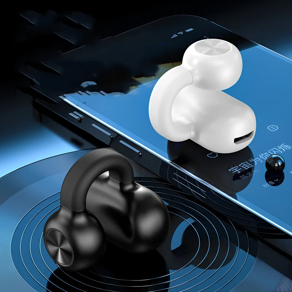 Wireless clip-on Bluetooth earphones with bone conduction technology in black or white colour