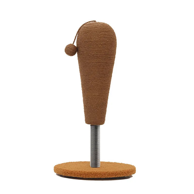 A hemp rope cat scratching board, shown with a choice of cat grasping ball or tumbler accessory.