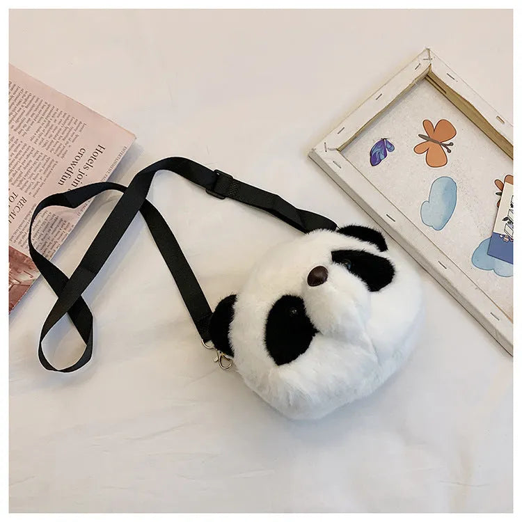 Plush panda head cylindrical crossbody shoulder bag with polyester lining