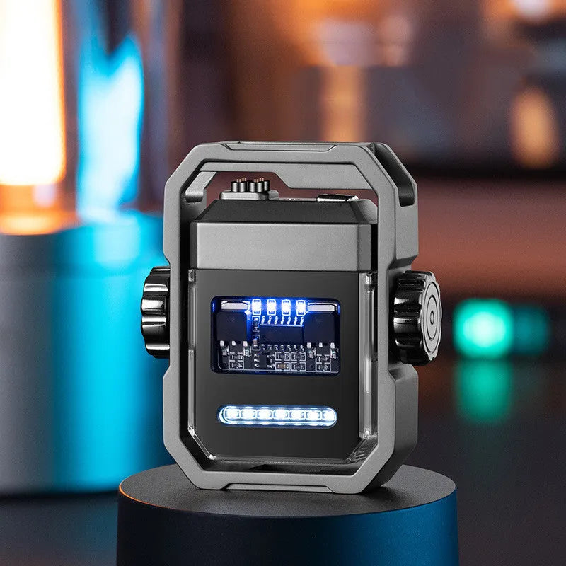 Blue zinc alloy windproof electric arc lighter unfolded, showing the double arc and mechanical gyroscope design.