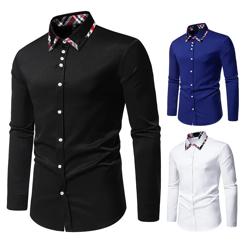Men's long sleeve casual shirt with triangle collar and plaid pattern in polyester blend fabric