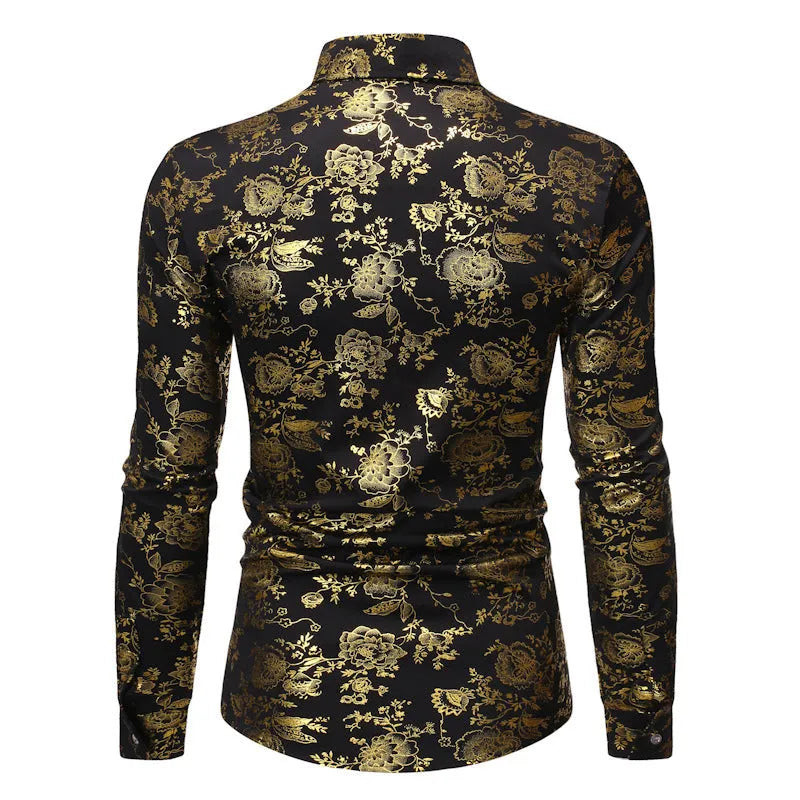 Men's casual cardigan shirt with digitally printed metal bronzing detail on the lapel, available in multiple colours.