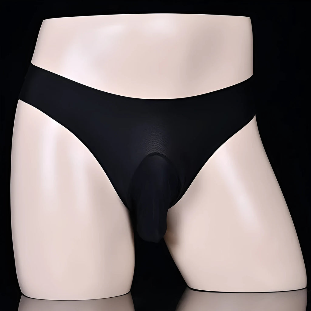 Men's ice silk T-back briefs in black showing ultra-thin fabric texture and low-waist design