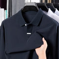 Men's grey cotton polo shirt with asymmetric lapels and long sleeves in loose fit