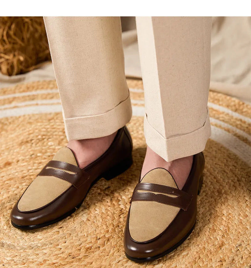 Coffee grey suede leather men's slip-on loafers with a rubber sole.