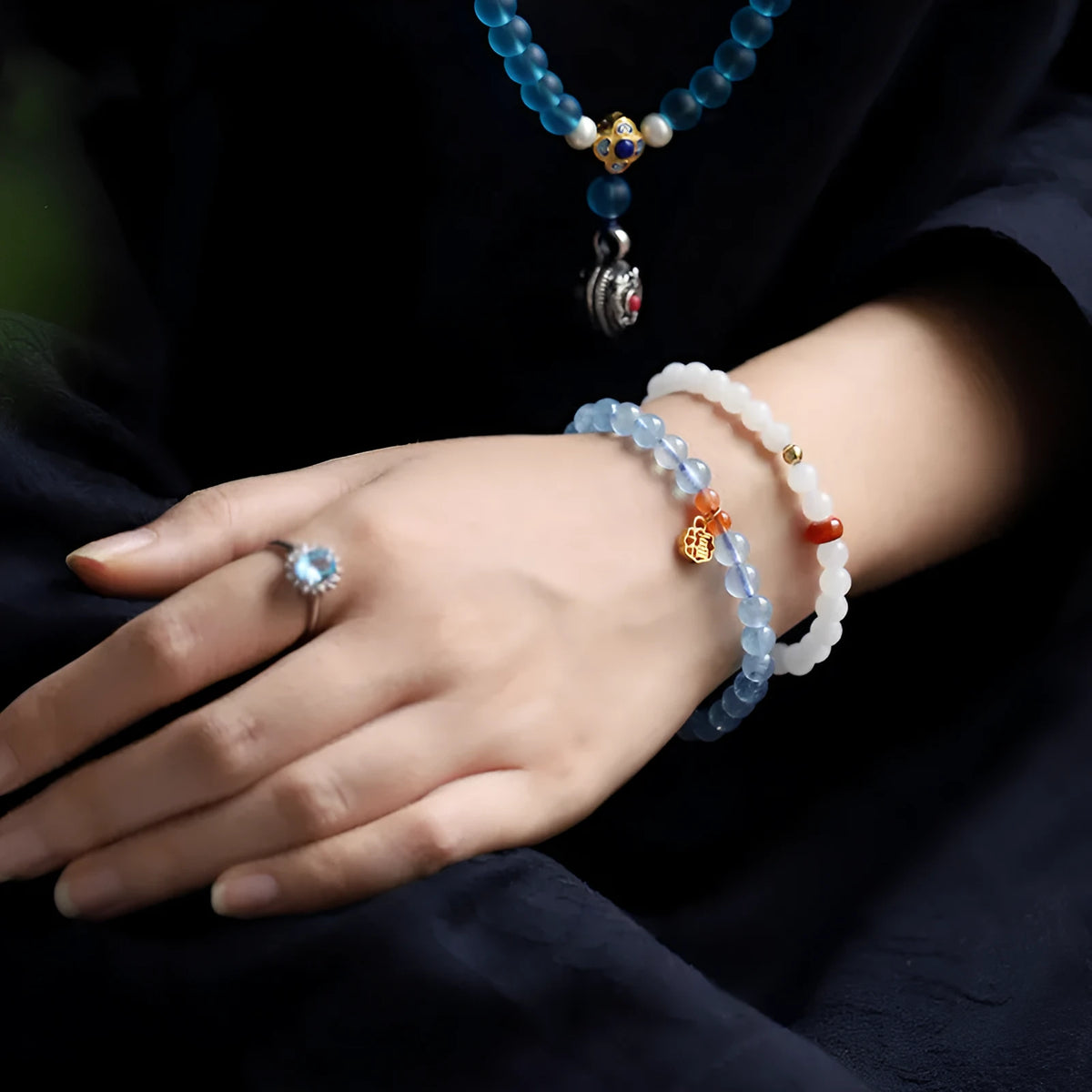 Natural aquamarine crystal blessing card bracelet with icy translucent 8mm round beads and sequin accents.
