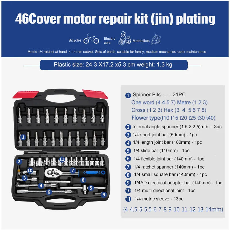 Chrome vanadium steel socket ratchet wrench set with nickel plating for home and automotive repairs