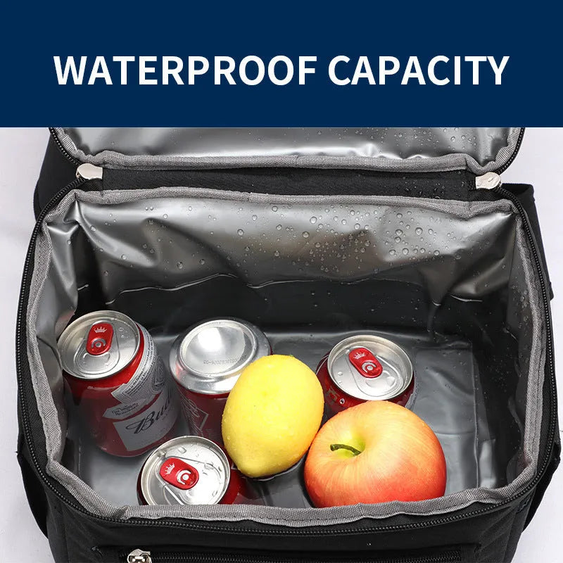 Blue insulated waterproof picnic backpack with 22L capacity and ice pack compartments