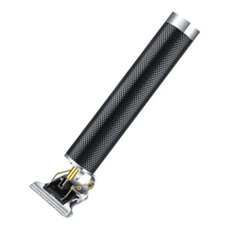 Black USB rechargeable electric hair clipper with gold steel blades and four comb attachments