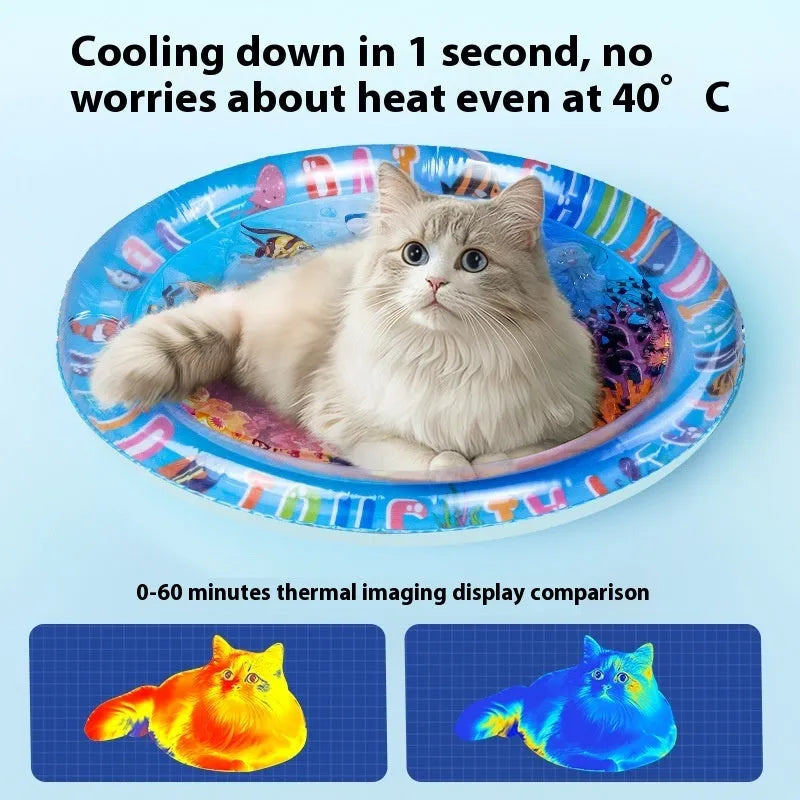 PVC inflatable water bed cooling mattress for cats showing dolphin or shark design options