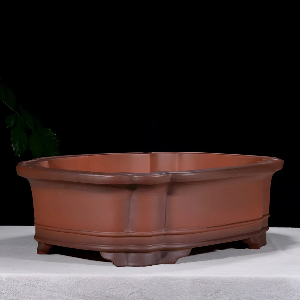 Chinese-style purple clay flowerpot with antique crabapple decoration and jade belt detailing