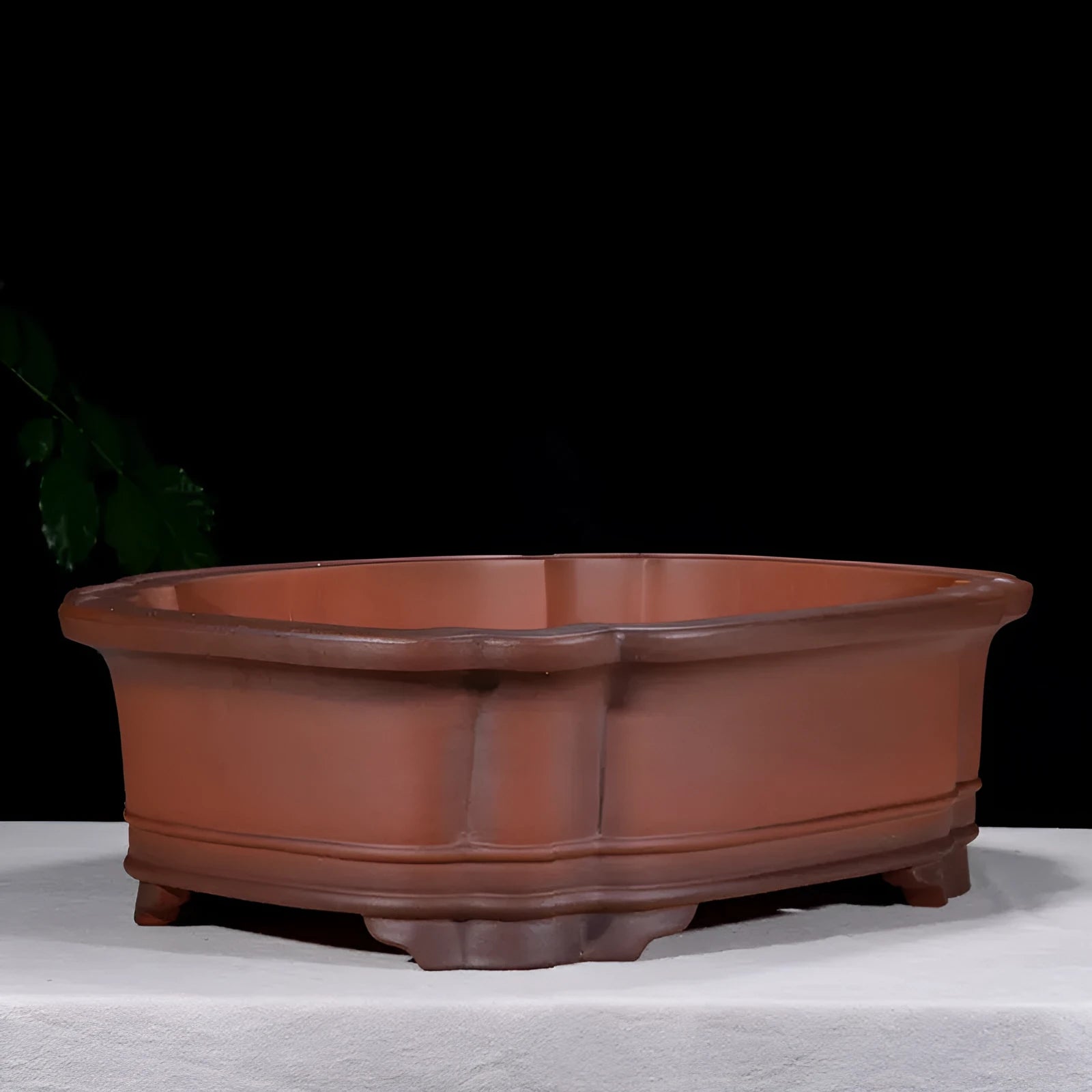 Chinese-style purple clay flowerpot with antique crabapple decoration and jade belt detailing