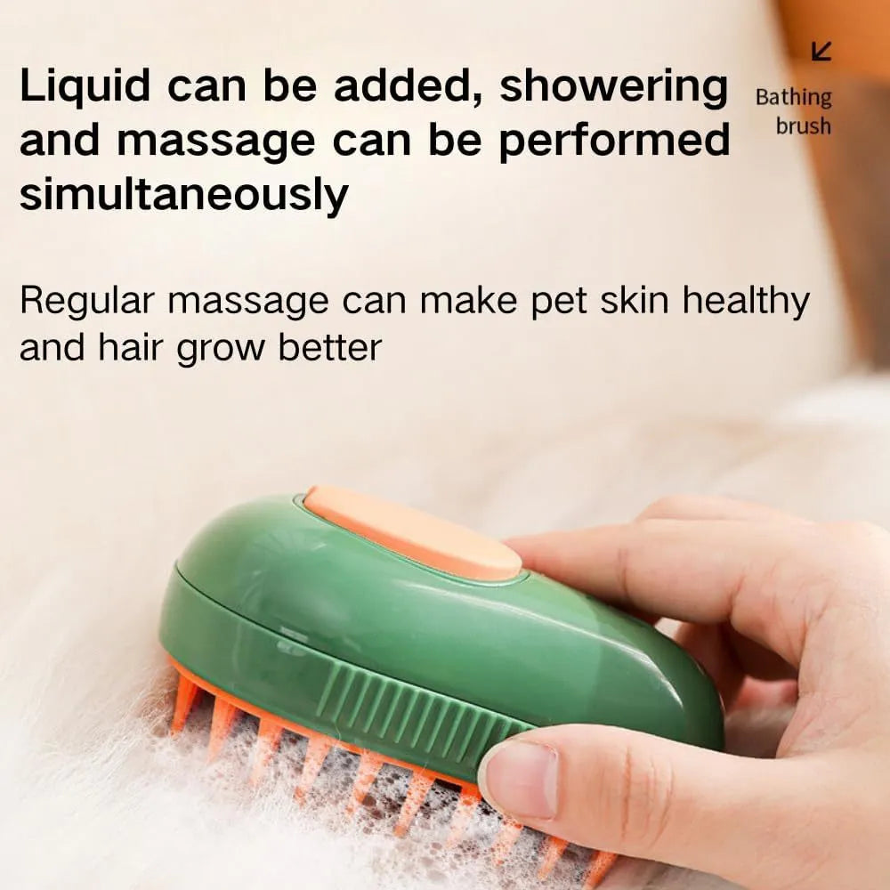 Green and white rechargeable cat steam brush with water spray nozzle and soft silicone teeth.