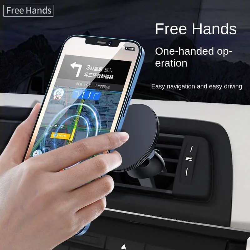 Black aluminium alloy magnetic suction car air vent mobile phone holder mounted on a central control vent.