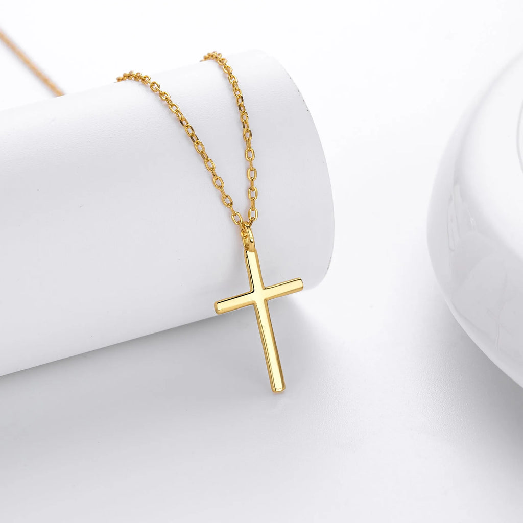 Sterling silver cross pendant necklace on an adjustable O-chain in gold, platinum, or rose gold plating.