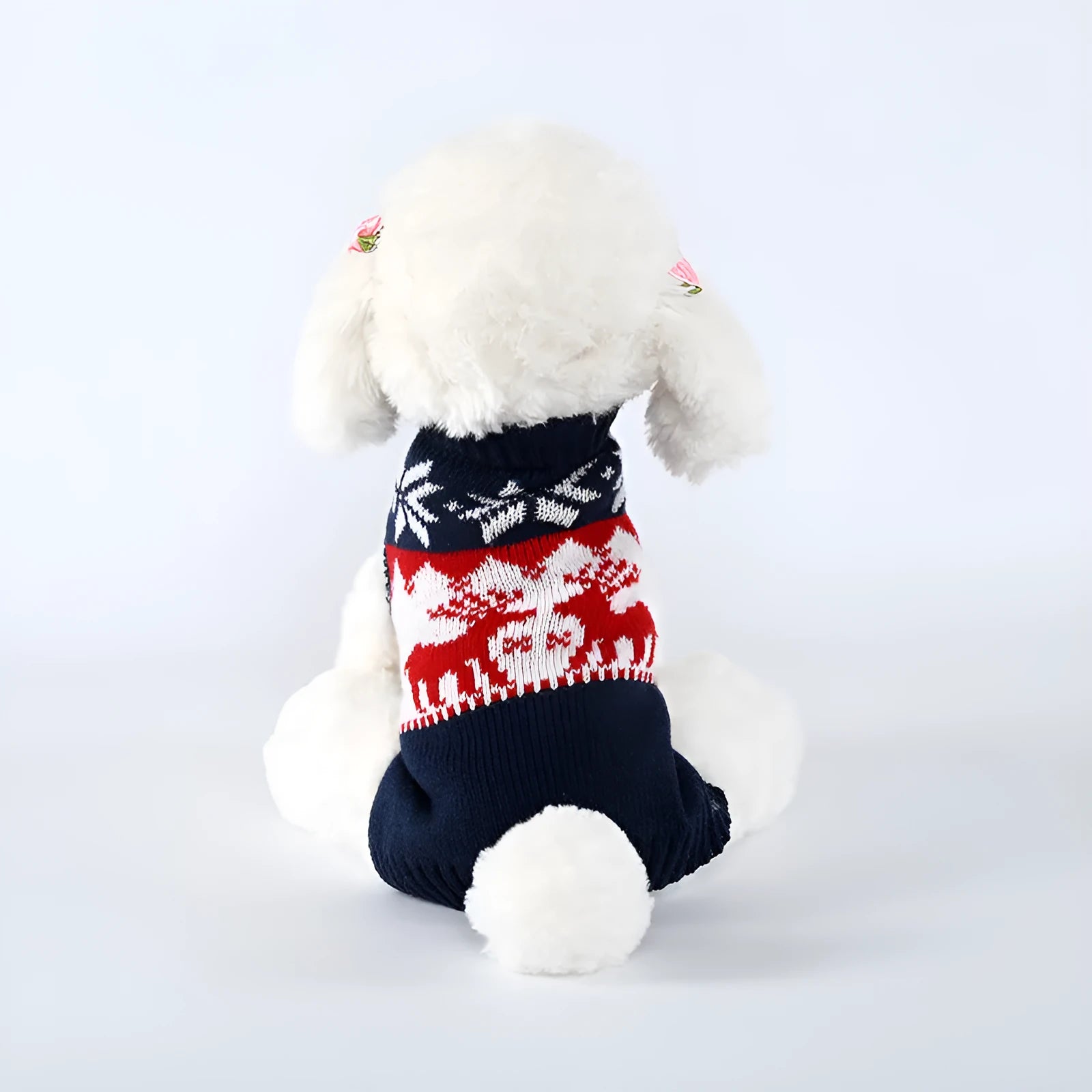 Navy blue knitted Christmas sweater for dogs with personalised festive design