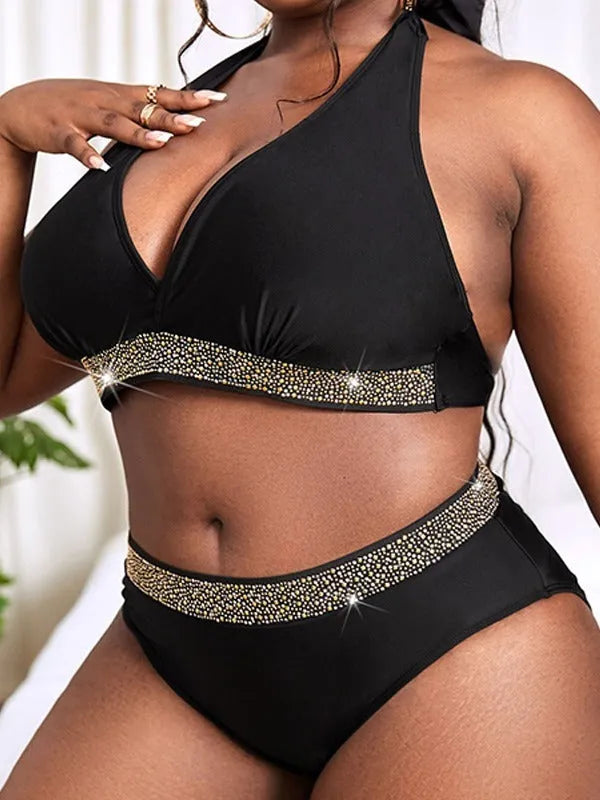 Black plus size women's swimsuit bikini with two-piece design on mannequin showing front view