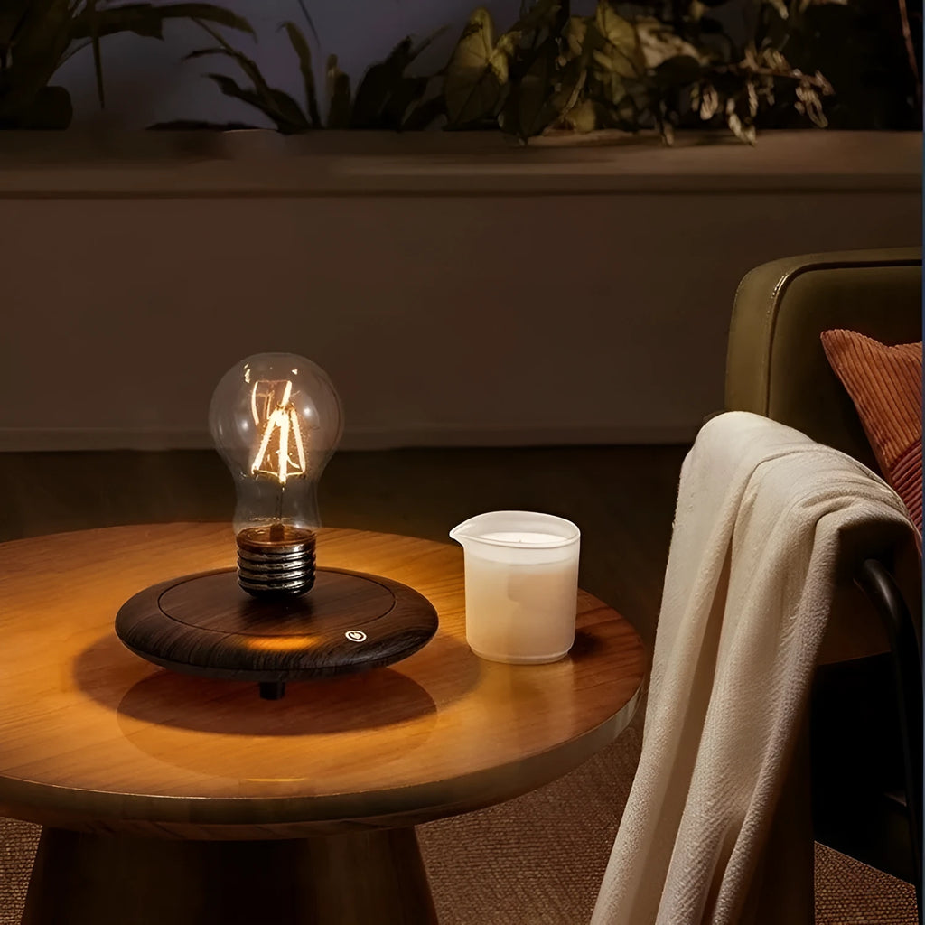Creative suspension bulb small night lamp with iron art construction on wood grain base