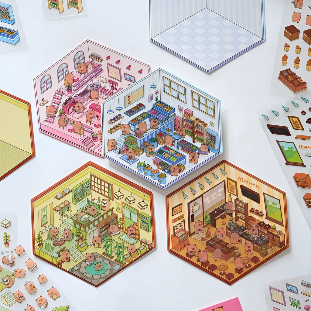 Capabala cut-free PET cartoon stickers showing eight different scene designs including a pink restaurant and a blue fruit shop