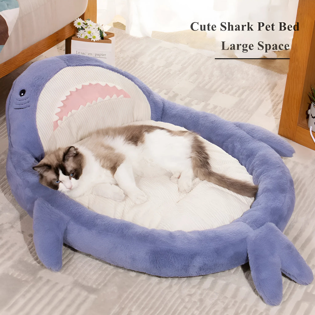 Shark pattern pet bed for dogs and cats with velvet fabric and non-slip base in blue colour