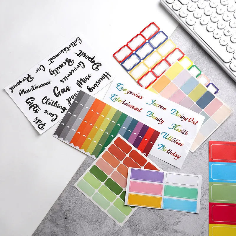 Handwritten German adhesive stickers in white colour showing grid configurations and colour sticky note options