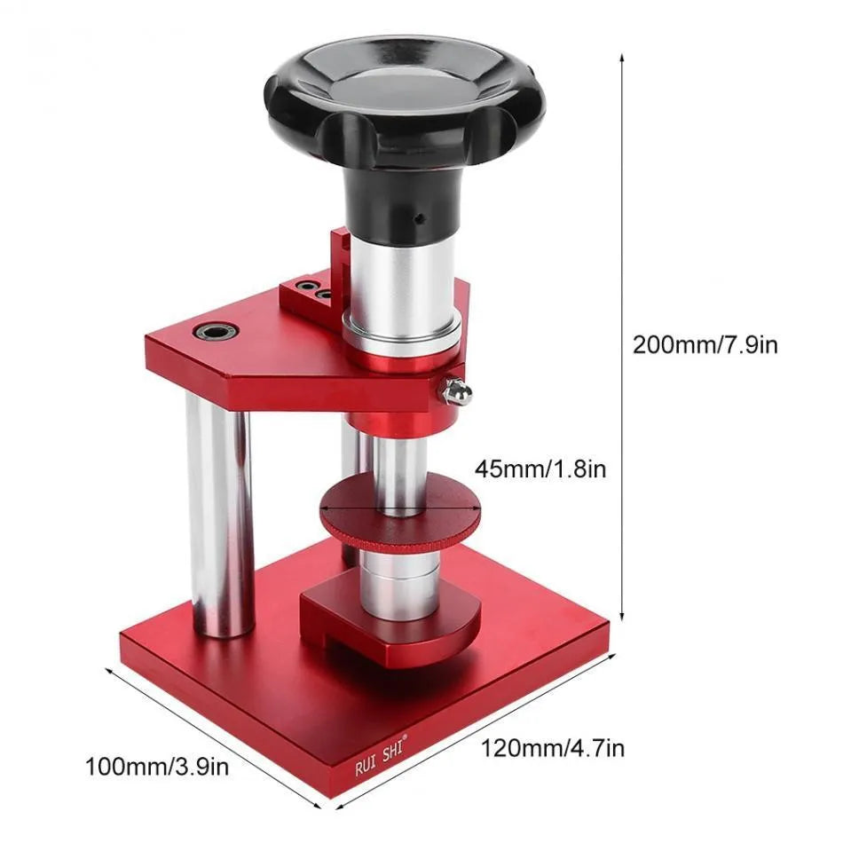 Spiral watch repair tool presser with a set of 20 plastic moulds for back covers and caps.