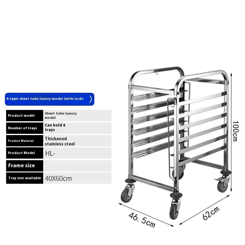 Stainless steel six-tier baking rack with lock mechanism and large tray