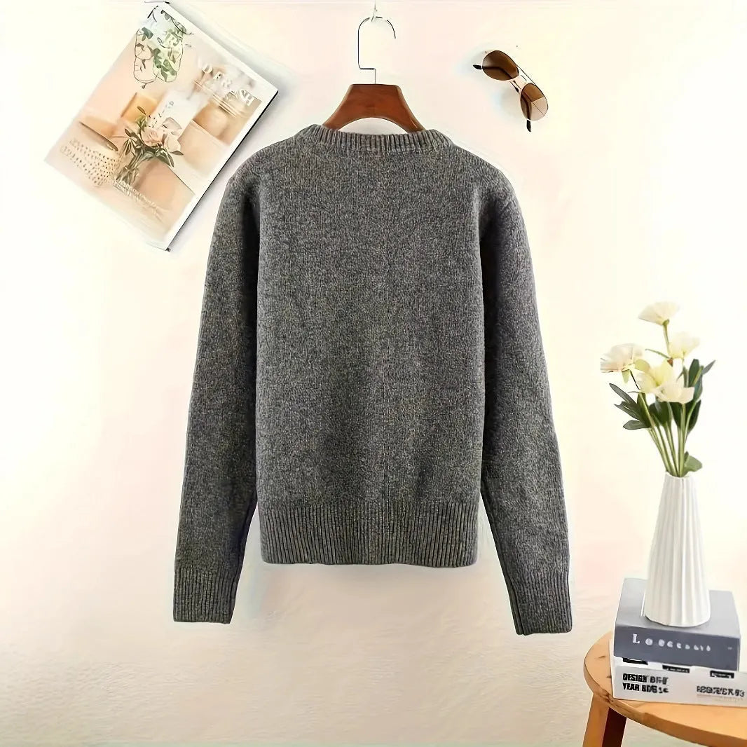 Dark grey women's cardigan sweater with button front and long sleeves.