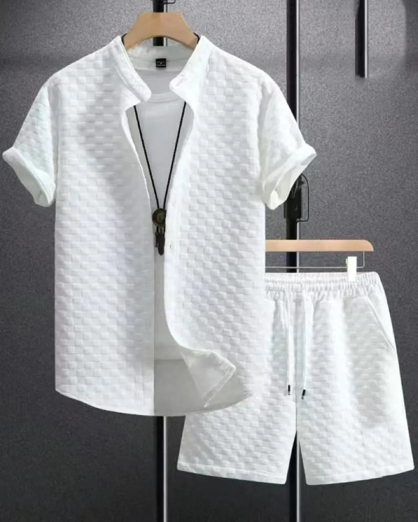 Men's jacquard short sleeve suit two-piece set in black colour with shirt-style jacket and matching shorts